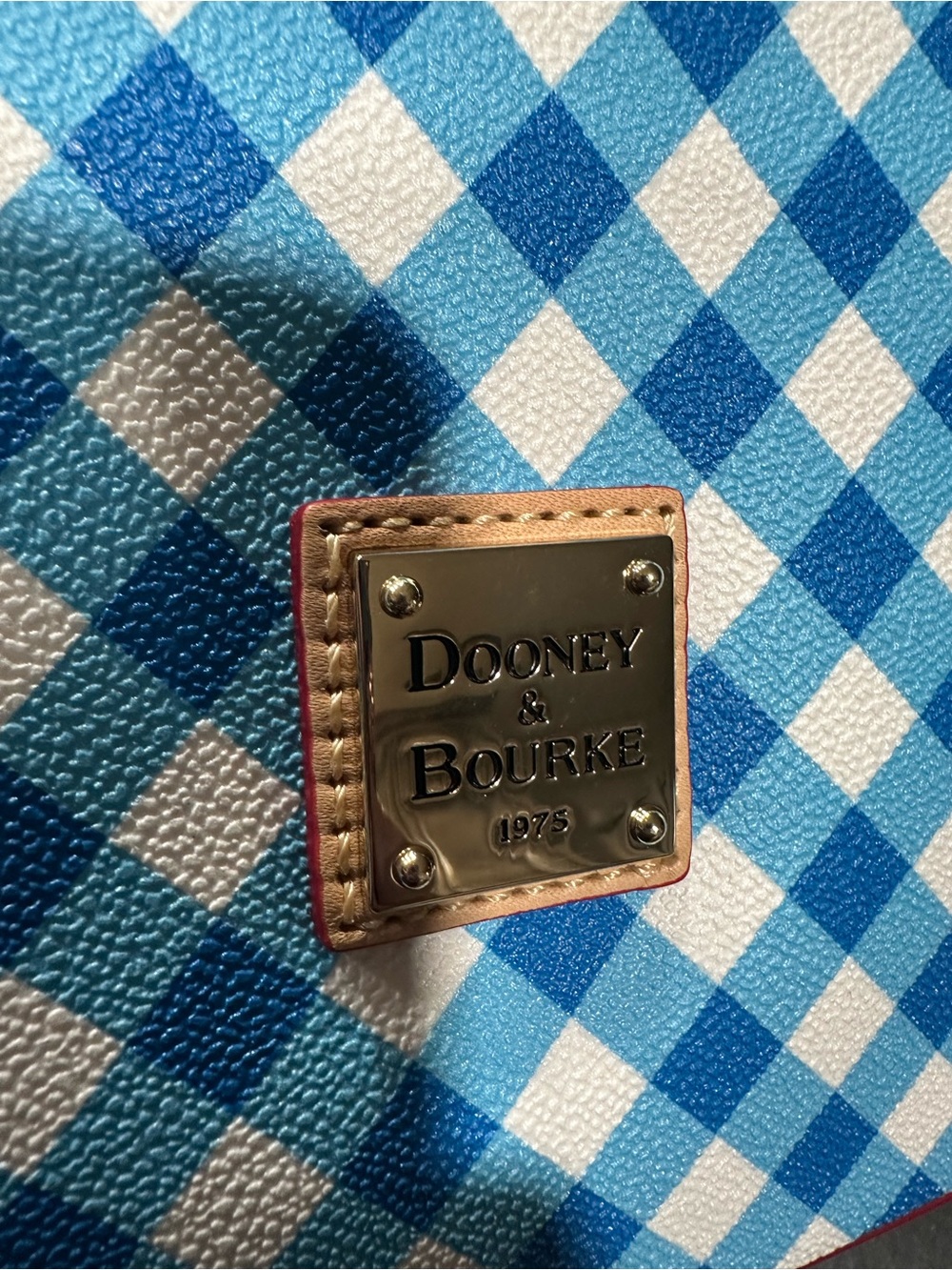 Dooney & Bourke Blue and White Gingham Tote with Tan Leather Trim